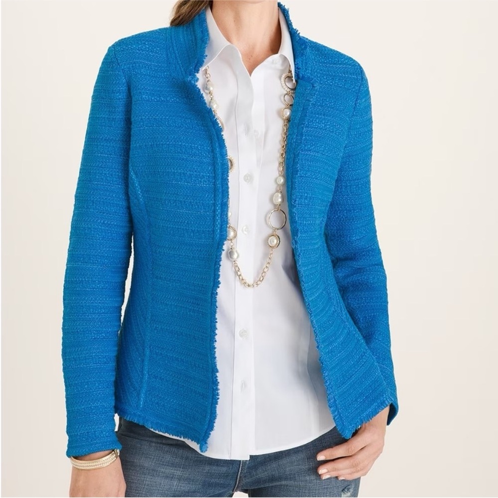 Chicos Simply Cyan Structured Blue Textured Jacket Cardigan Aqua Size 2 Large